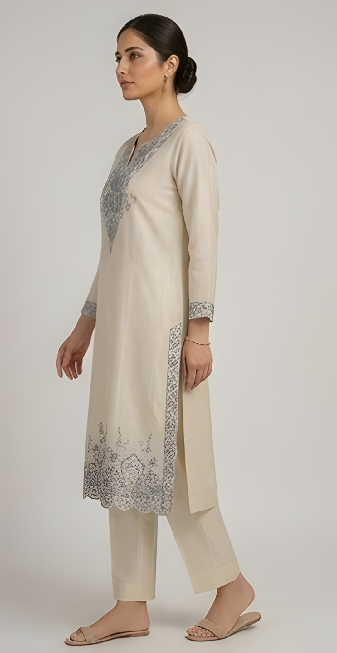 Slate Blue Embroidered Ivory Mul Chanderi Three-Piece Suit