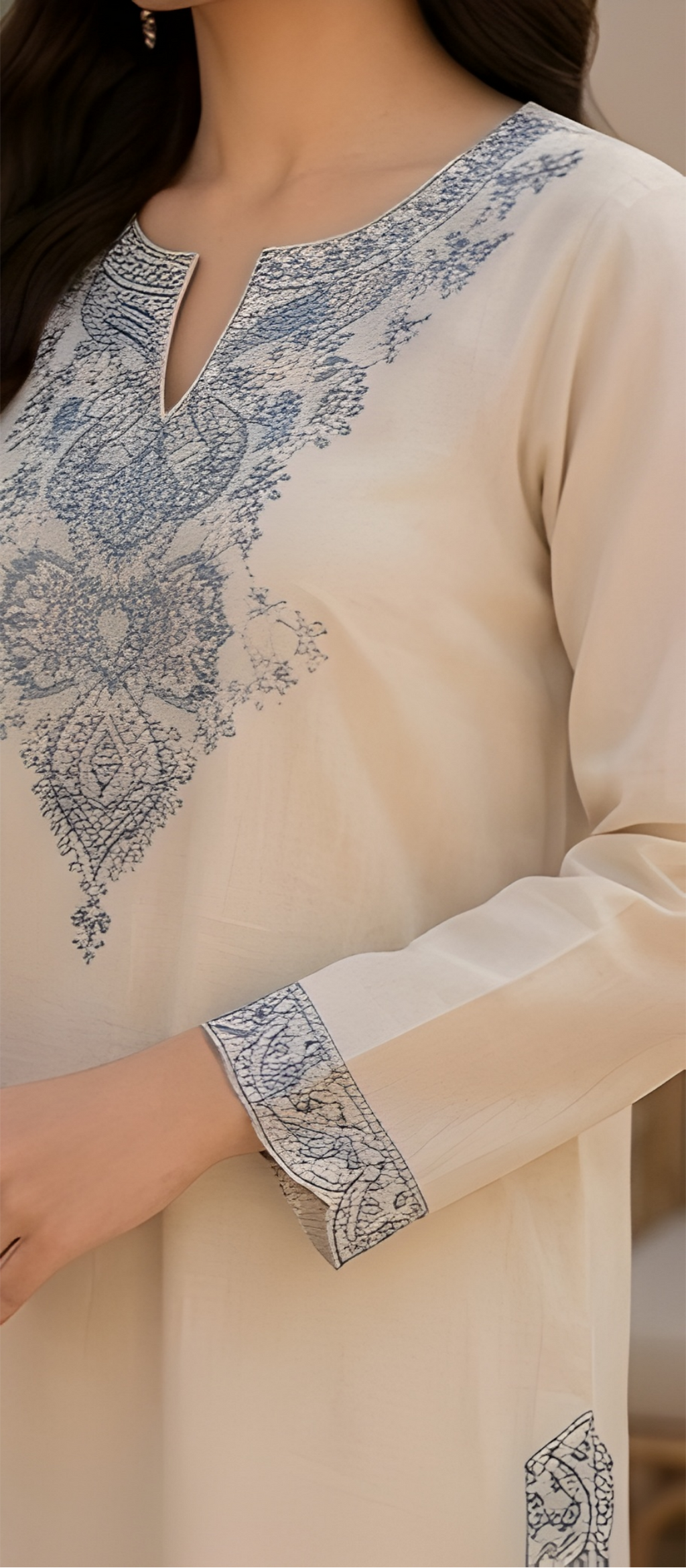 Slate Blue Embroidered Ivory Mul Chanderi Three-Piece Suit