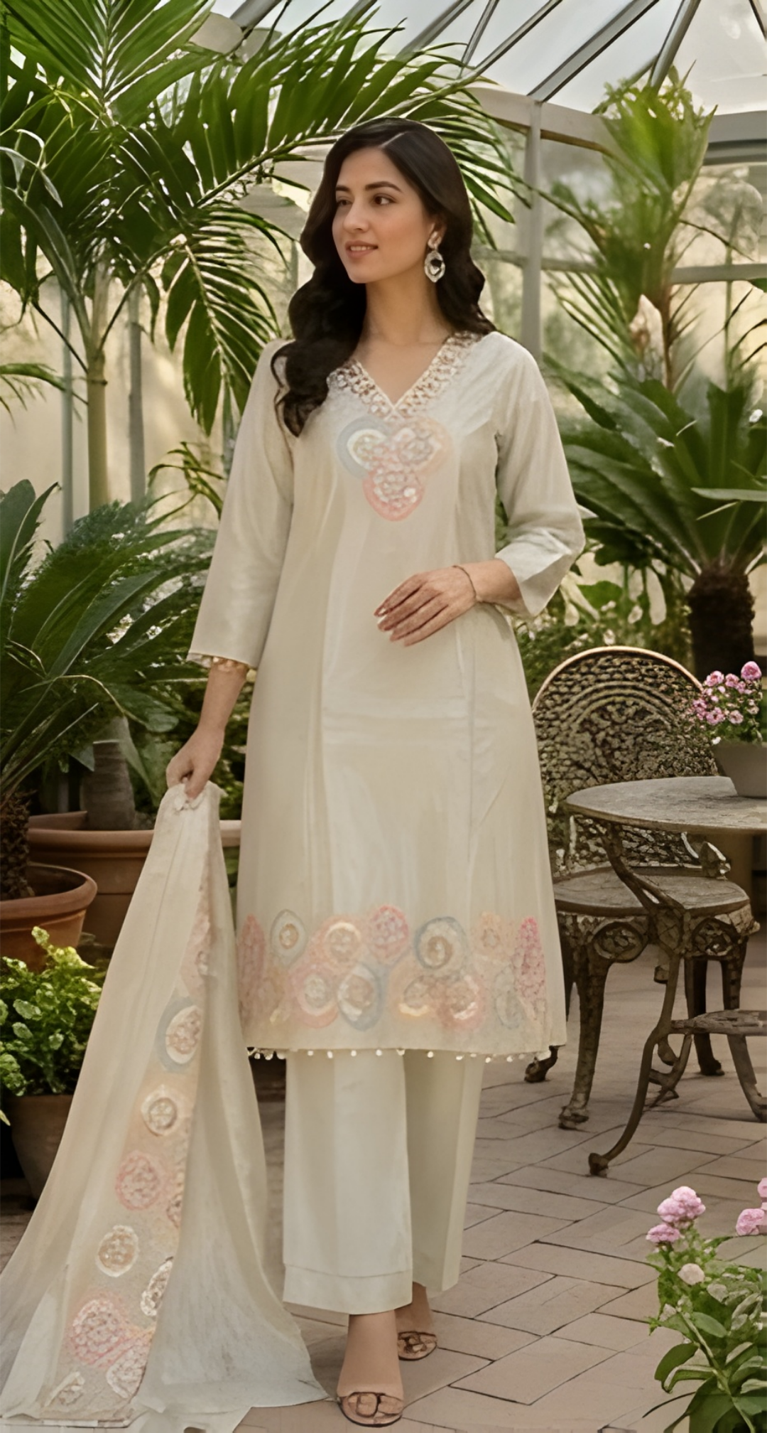 Pastel Circular Embroidered Mint Shimmer Three-Piece Suit