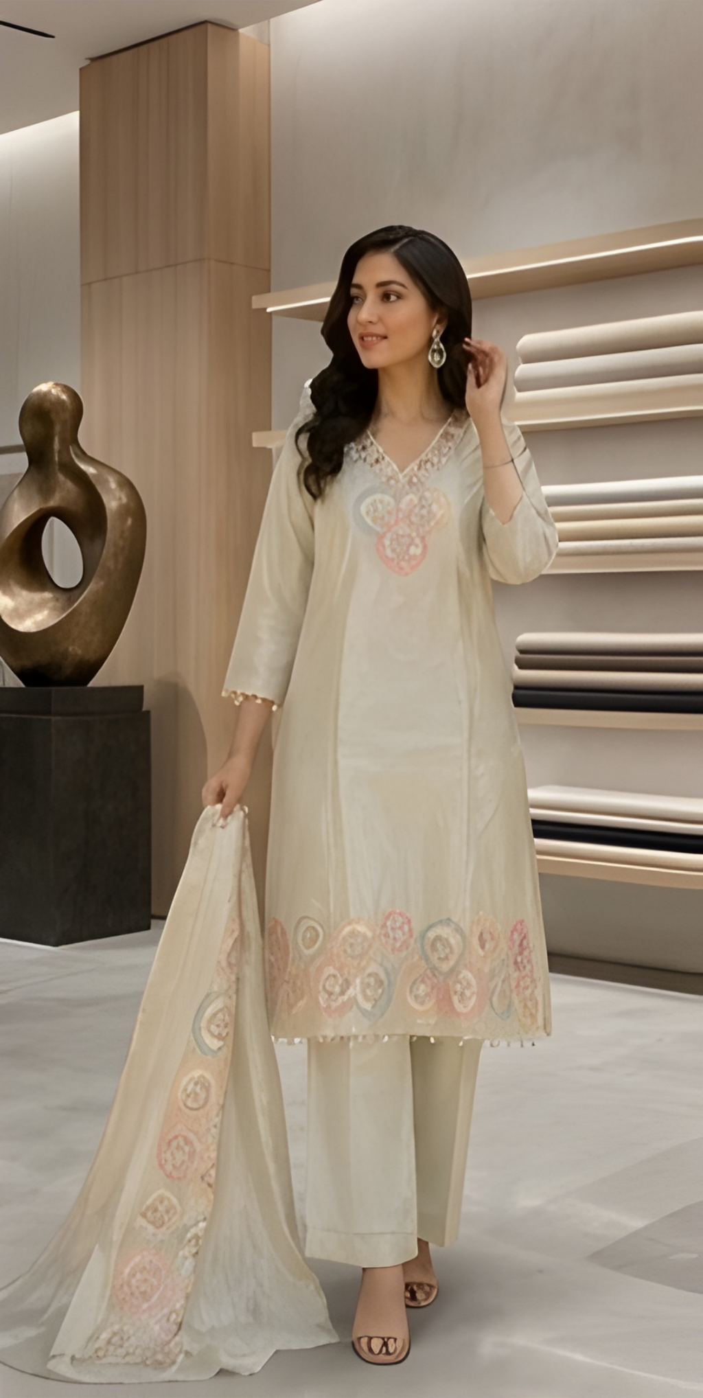 Pastel Circular Embroidered Mint Shimmer Three-Piece Suit