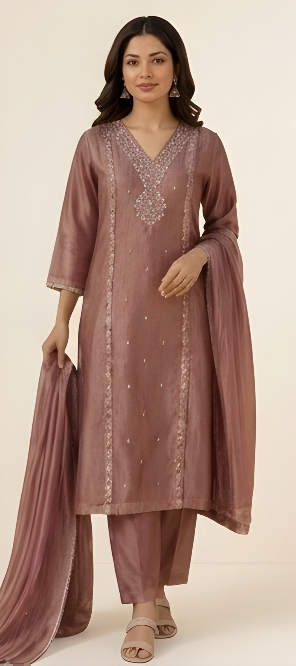 Luxe Salsa Sheen Embroidered Mauve Rose Three-Piece Suit