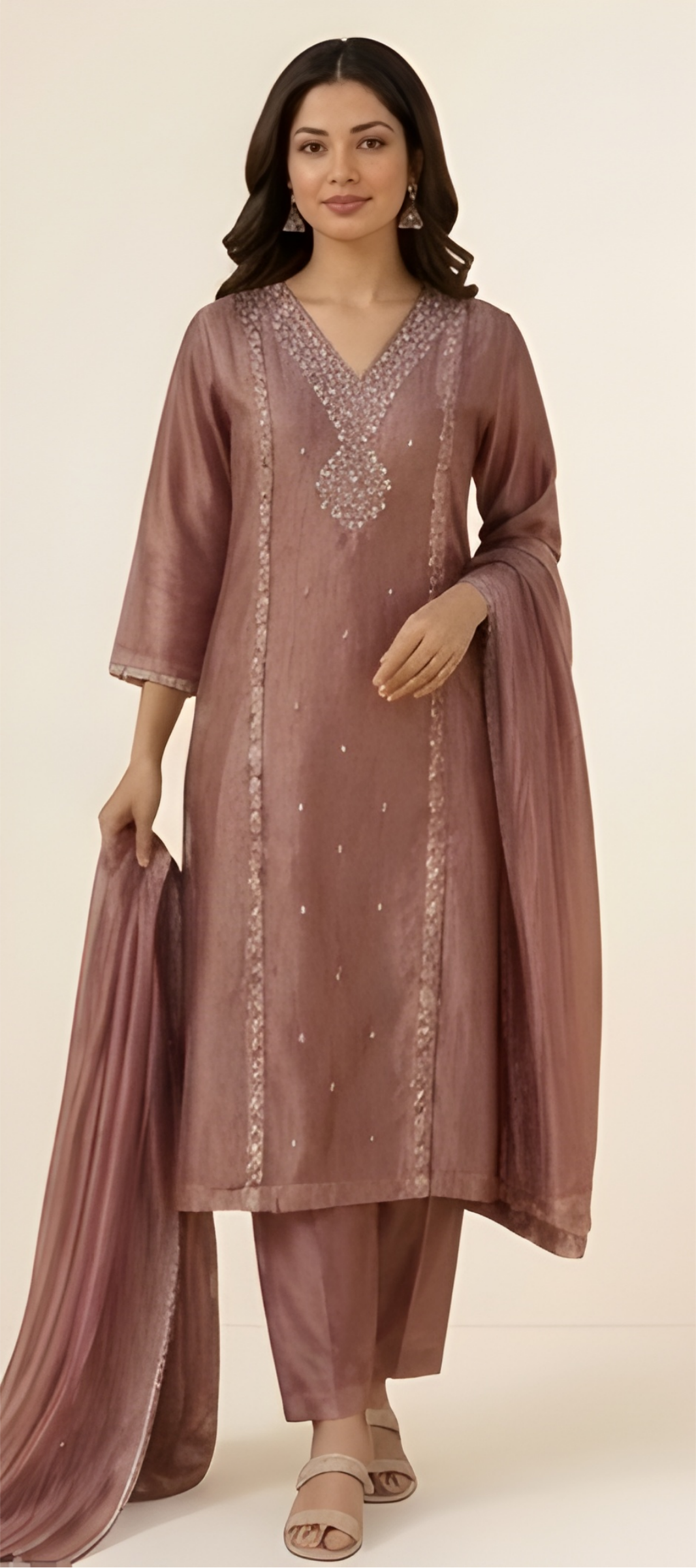 Luxe Salsa Sheen Embroidered Mauve Rose Three-Piece Suit