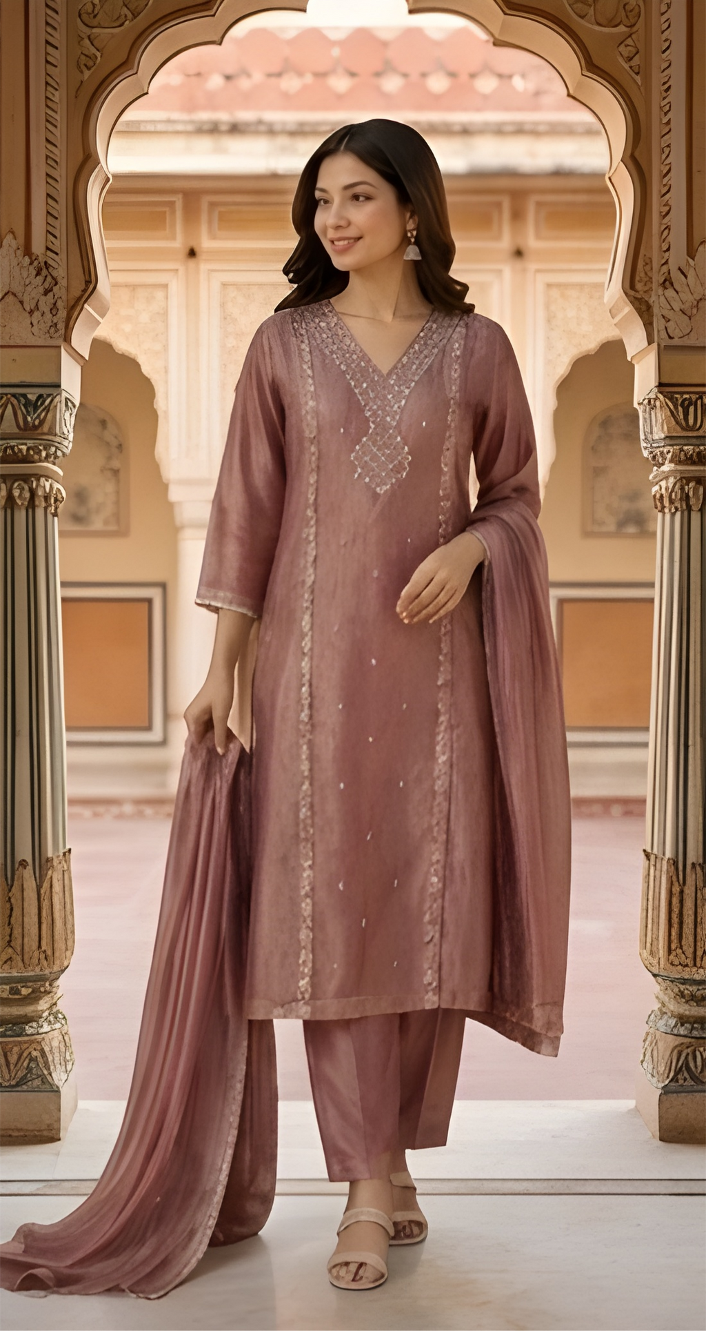Luxe Salsa Sheen Embroidered Mauve Rose Three-Piece Suit