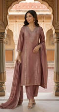 Luxe Salsa Sheen Embroidered Mauve Rose Three-Piece Suit