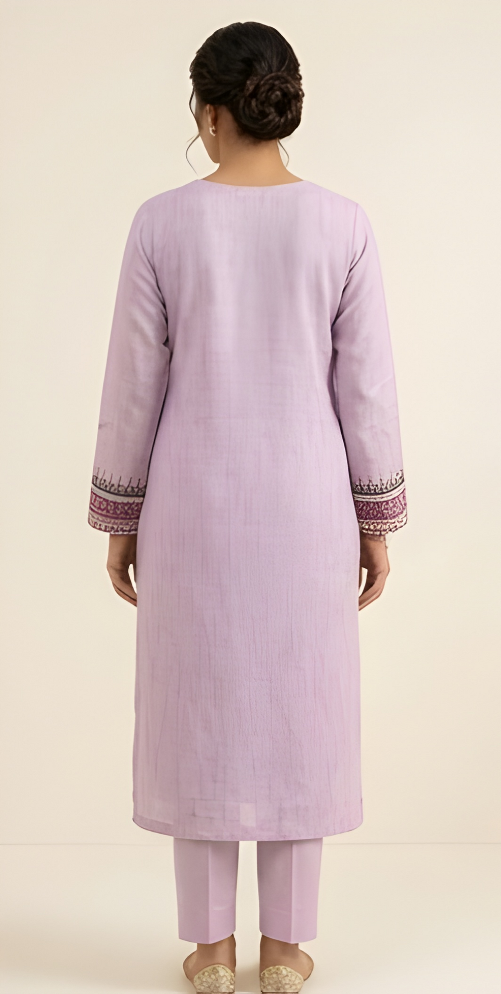 Lilac Floral Printed Cotton Three-Piece Suit with Embroidered Neckline