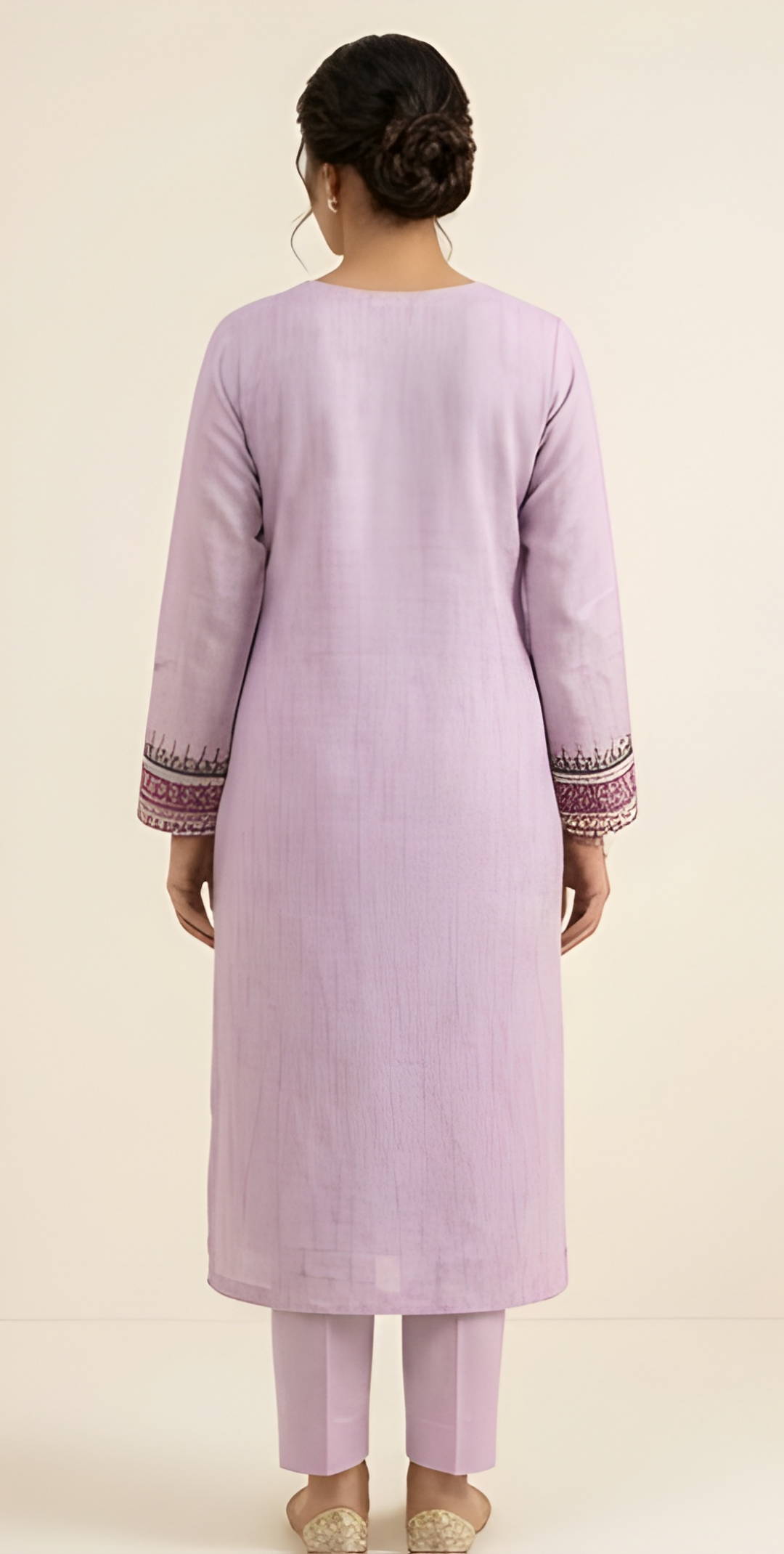 Lilac Floral Printed Cotton Three-Piece Suit with Embroidered Neckline