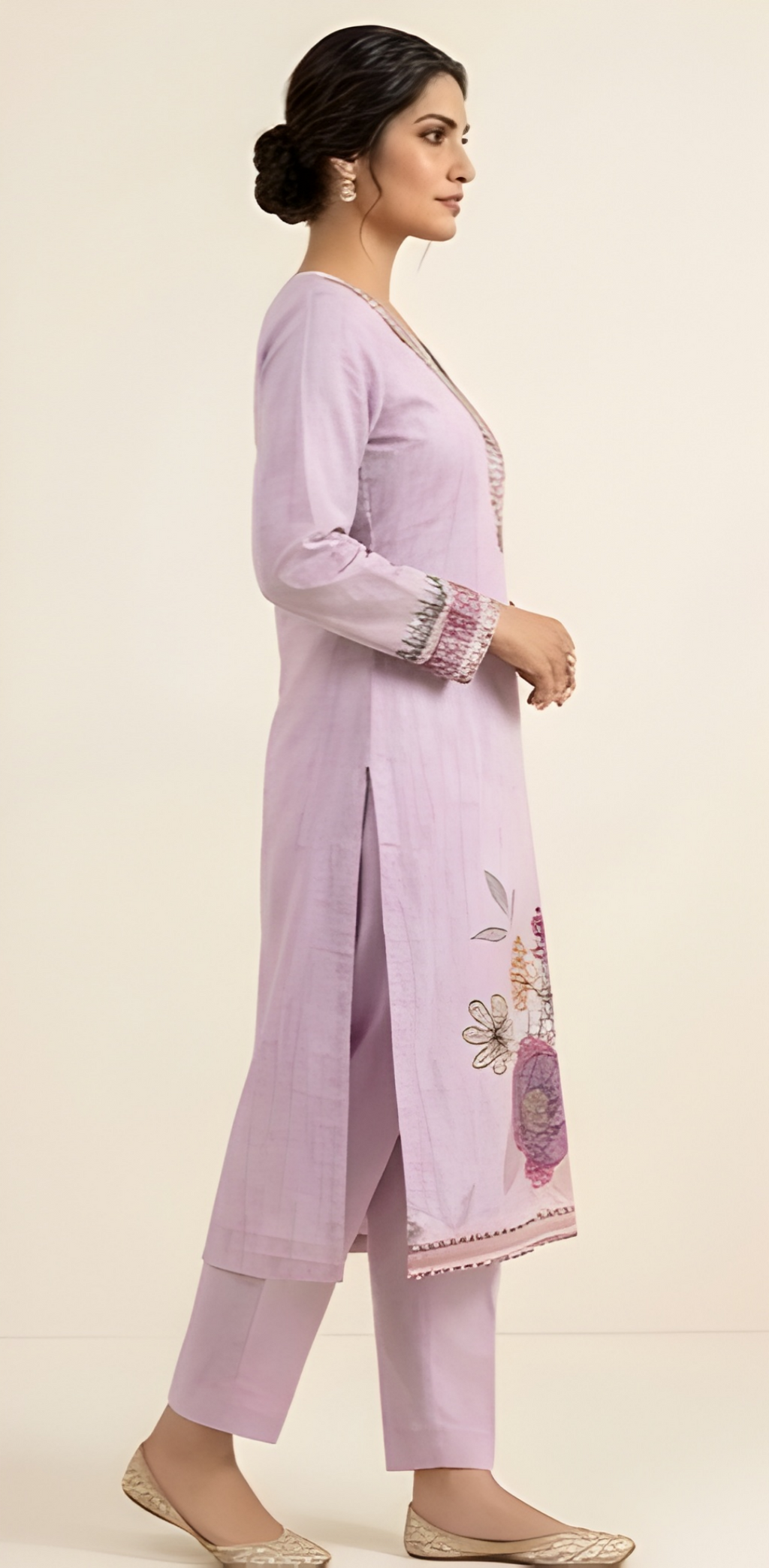 Lilac Floral Printed Cotton Three-Piece Suit with Embroidered Neckline