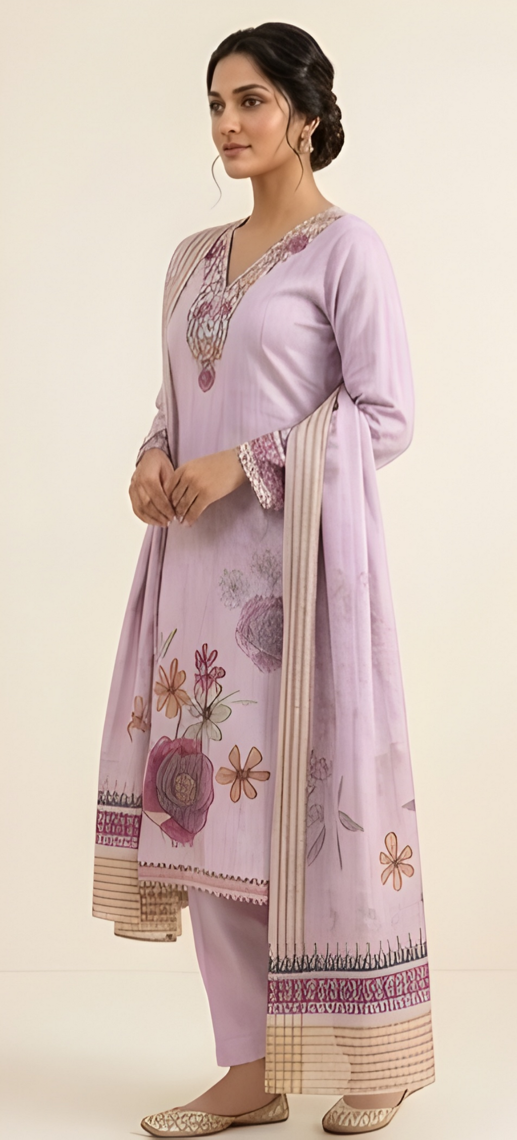 Lilac Floral Printed Cotton Three-Piece Suit with Embroidered Neckline