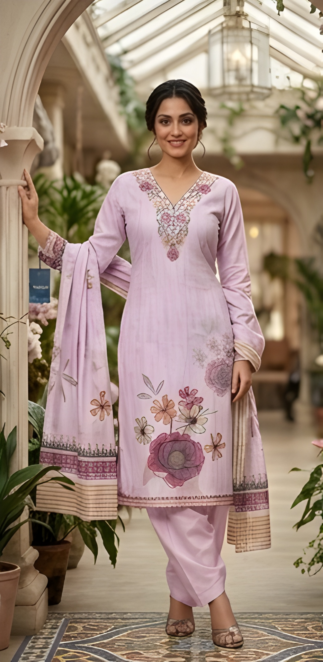 Lilac Floral Printed Cotton Three-Piece Suit with Embroidered Neckline