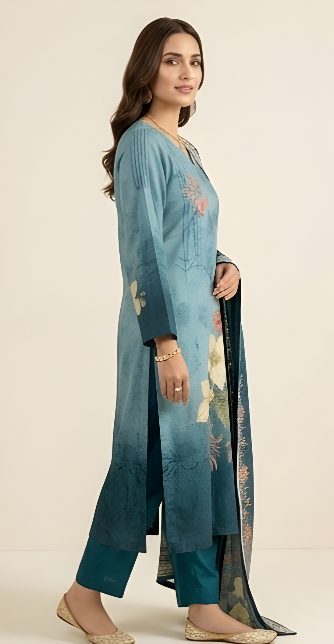 Ombré Floral Printed Pure Crepe Silk Three-Piece Suit