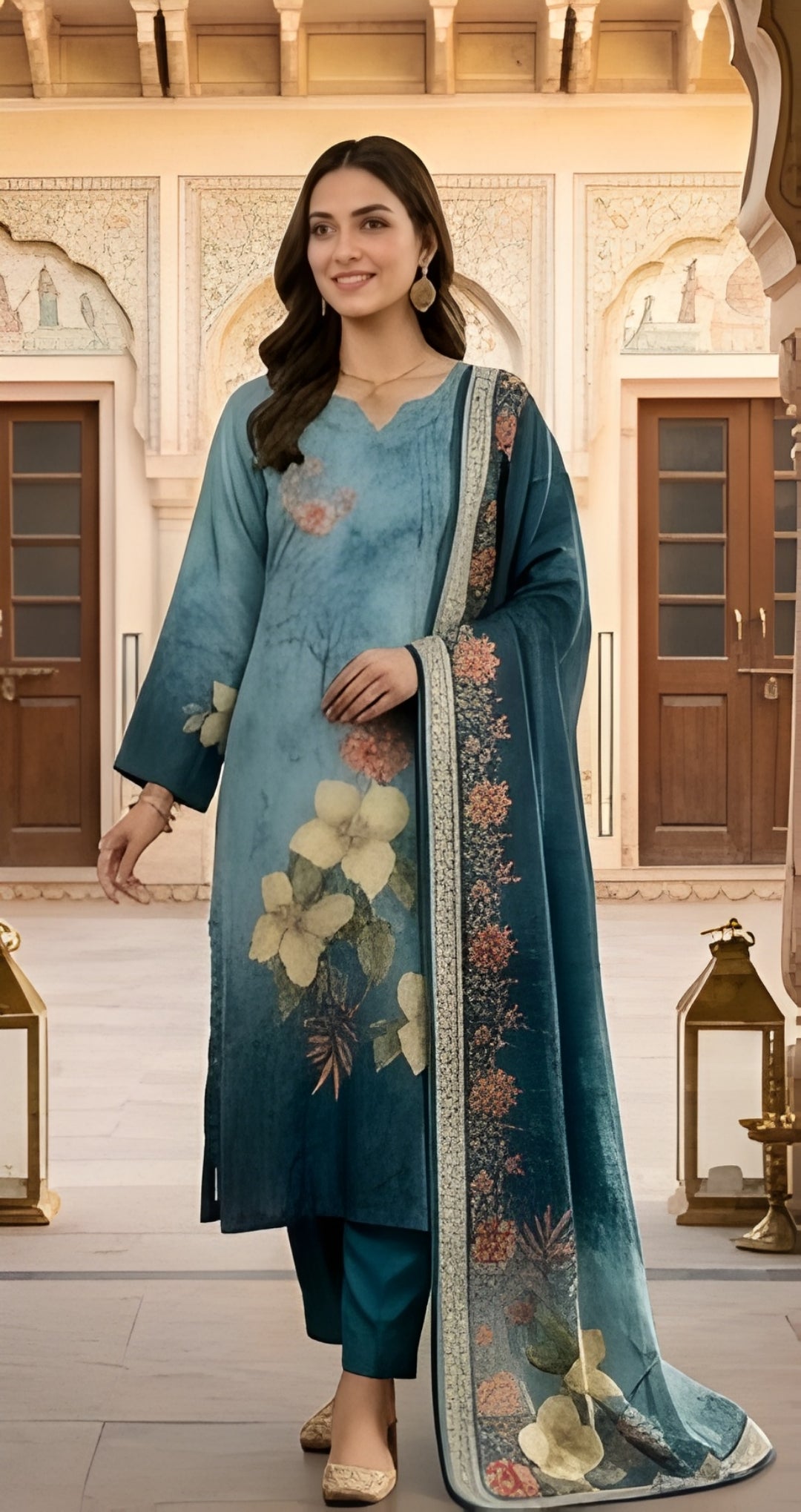 Ombré Floral Printed Pure Crepe Silk Three-Piece Suit