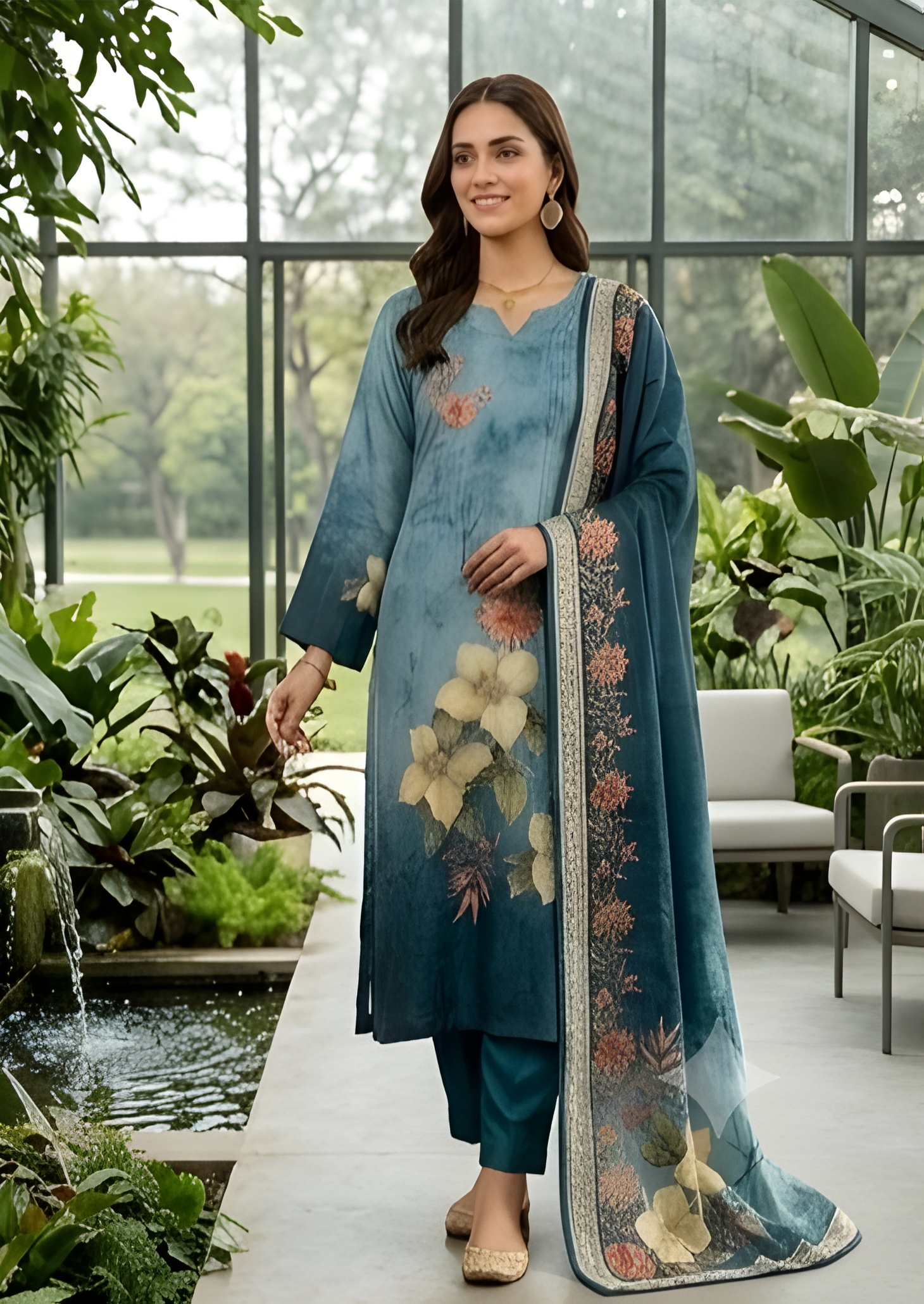 Ombré Floral Printed Pure Crepe Silk Three-Piece Suit