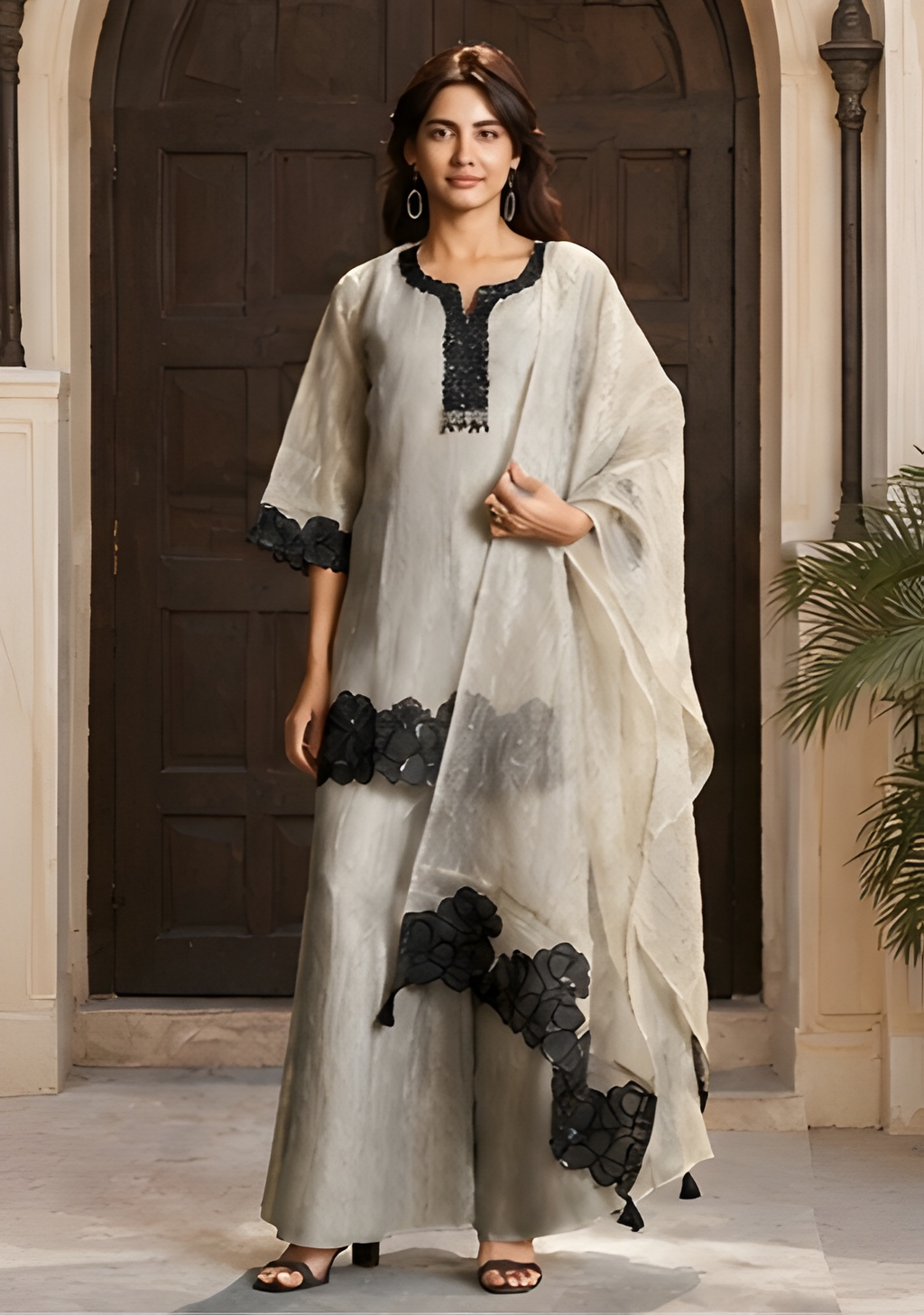 Luxe Salsa Fabric Cutwork Appliqué Three-Piece Suit
