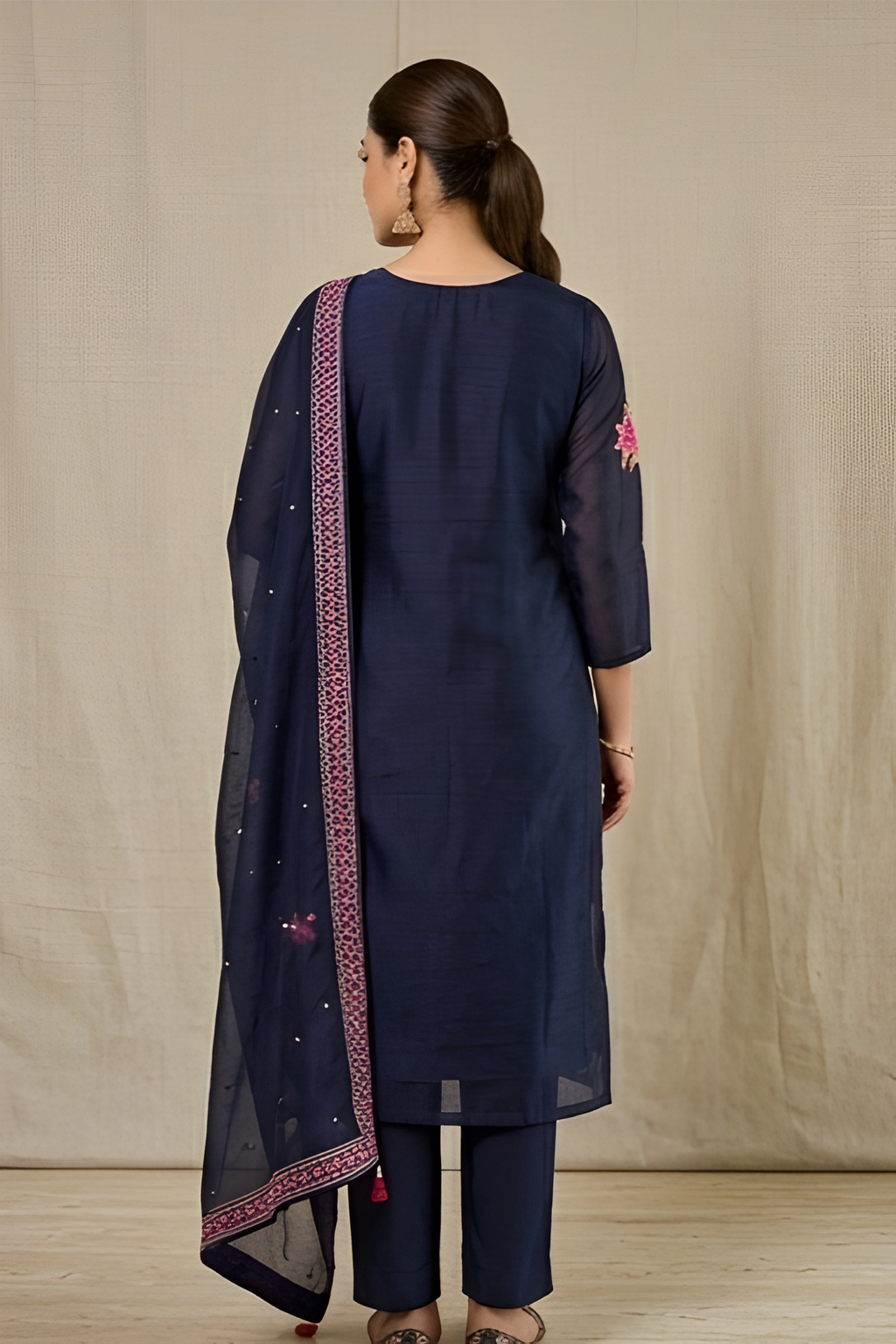 Floral Embroidered Midnight Navy Pure Crepe Silk Three-Piece Suit