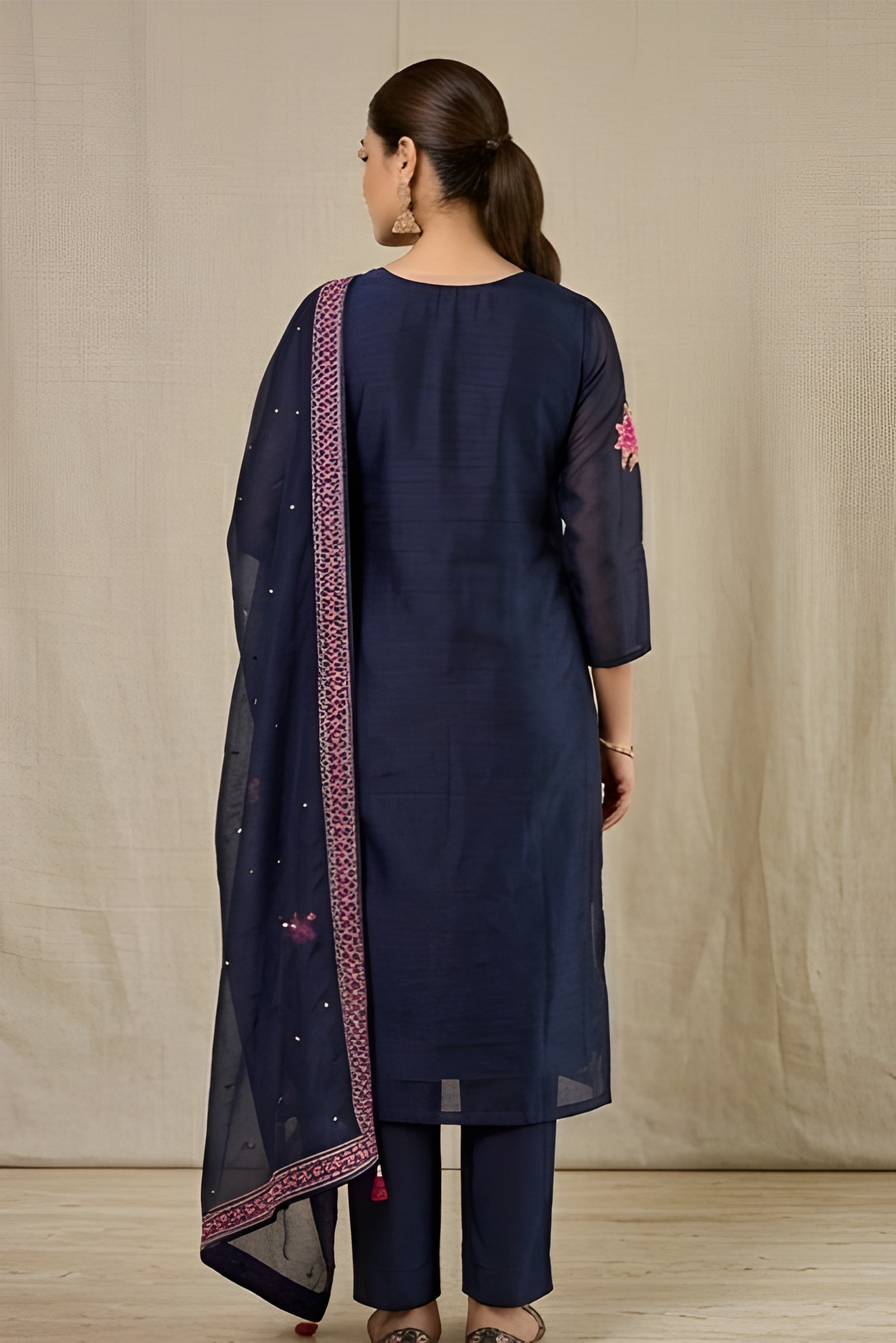 Floral Embroidered Midnight Navy Pure Crepe Silk Three-Piece Suit
