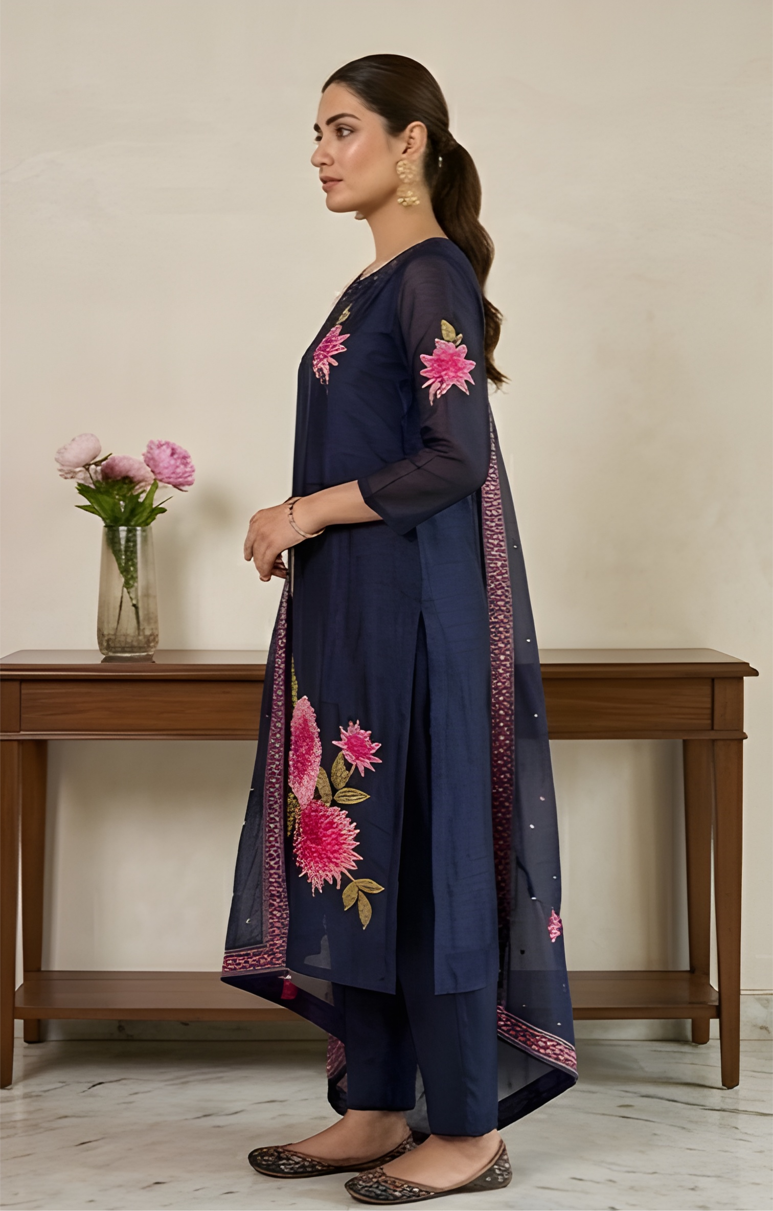 Floral Embroidered Midnight Navy Pure Crepe Silk Three-Piece Suit