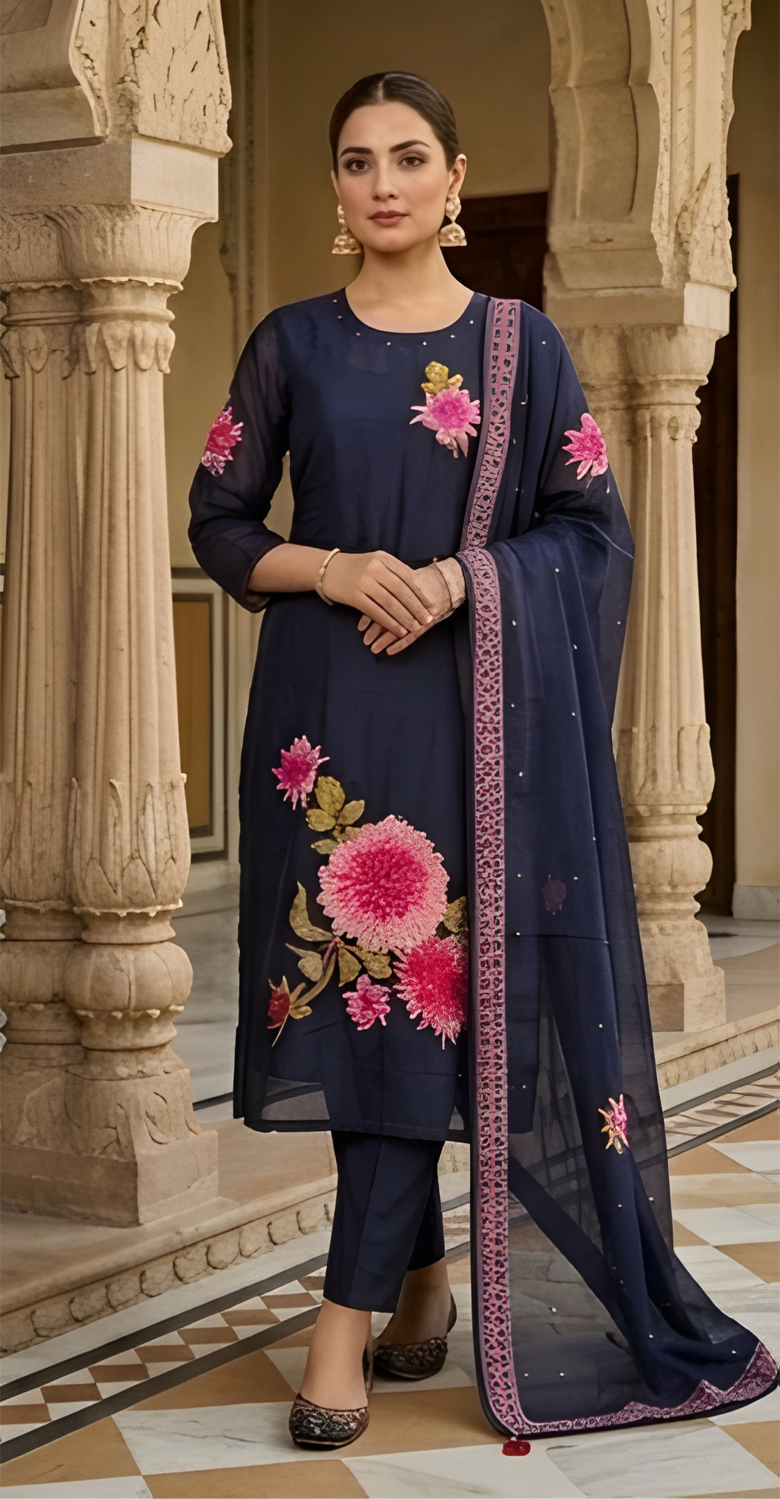 Floral Embroidered Midnight Navy Pure Crepe Silk Three-Piece Suit