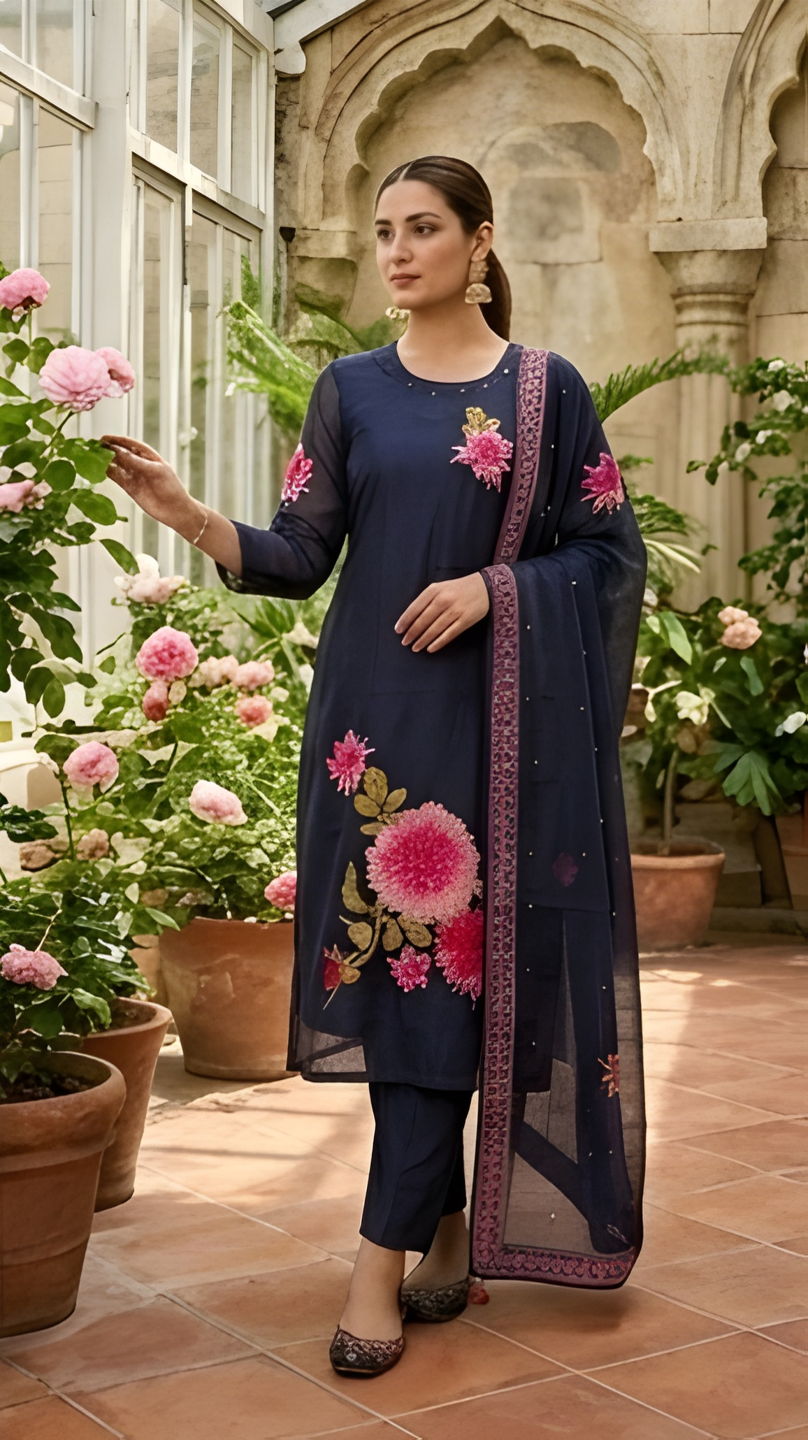 Floral Embroidered Midnight Navy Pure Crepe Silk Three-Piece Suit