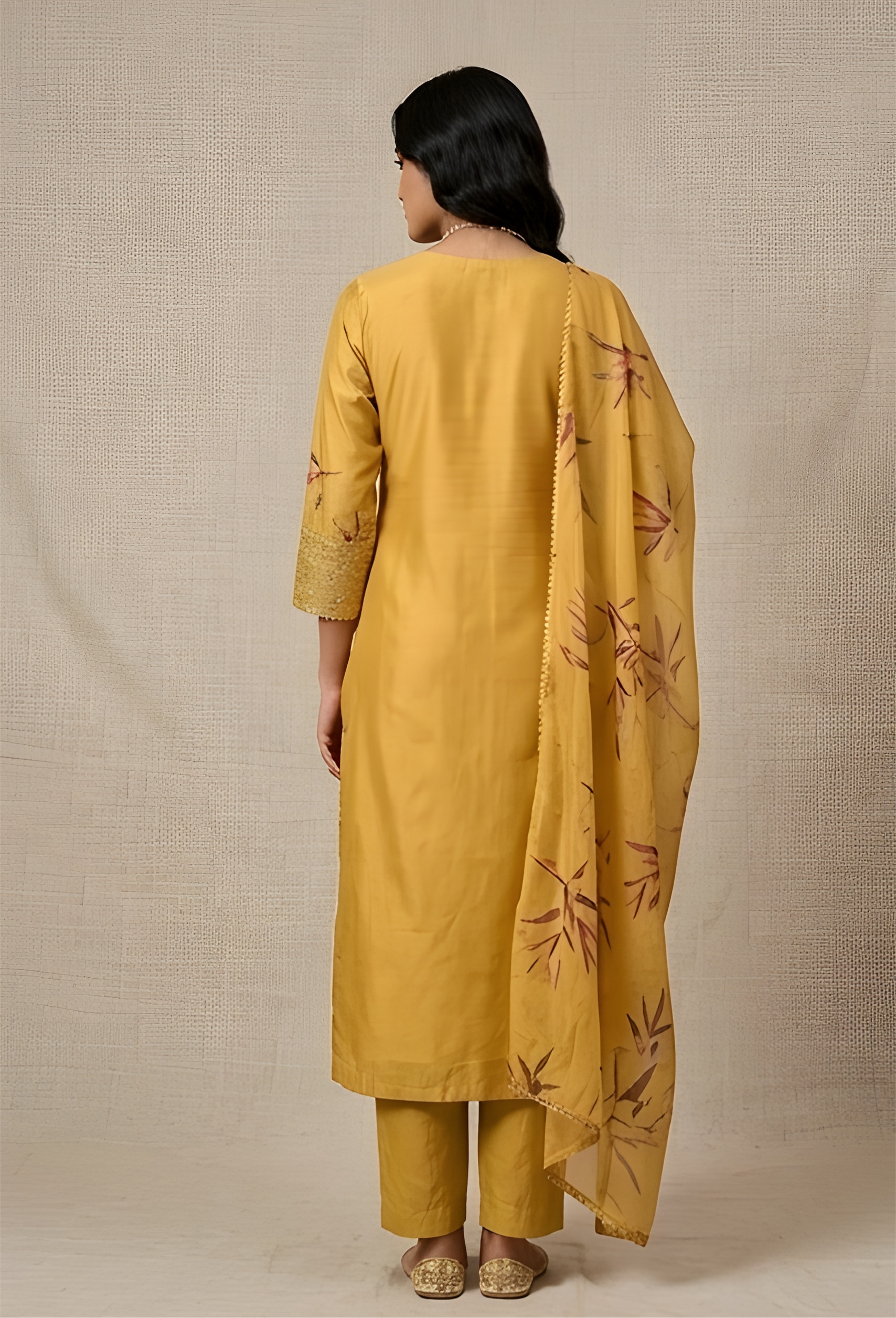 Mustard Botanical Printed Gucci Silk Embroidered Three-Piece Suit