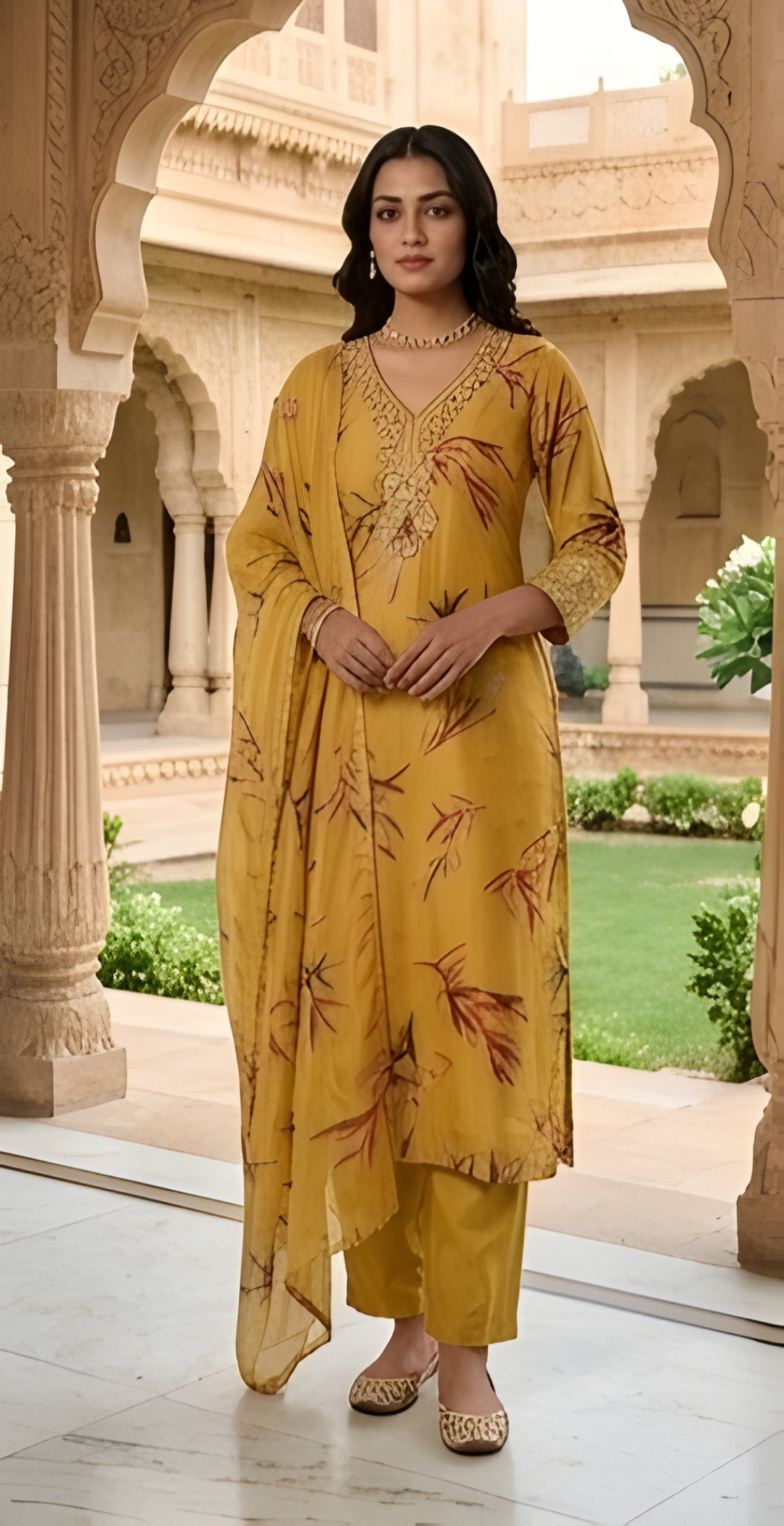 Mustard Botanical Printed Gucci Silk Embroidered Three-Piece Suit