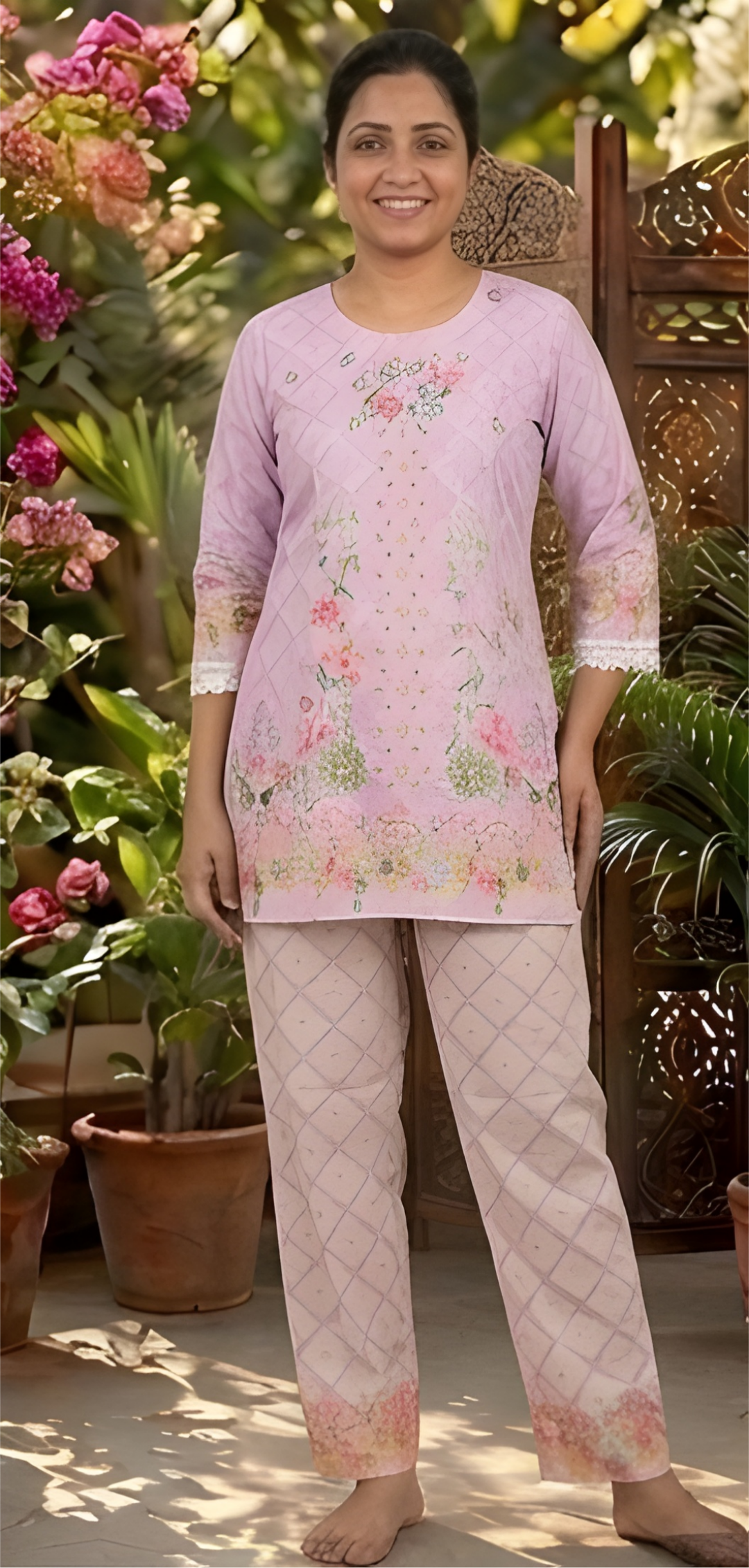 Floral Printed Pure Cotton Tunic & Straight Pants Two-Piece Set