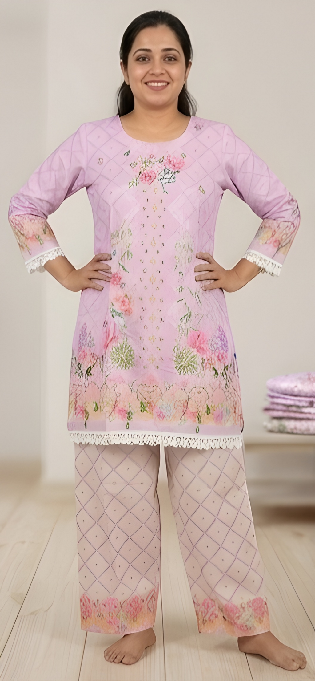Floral Printed Pure Cotton Tunic & Straight Pants Two-Piece Set