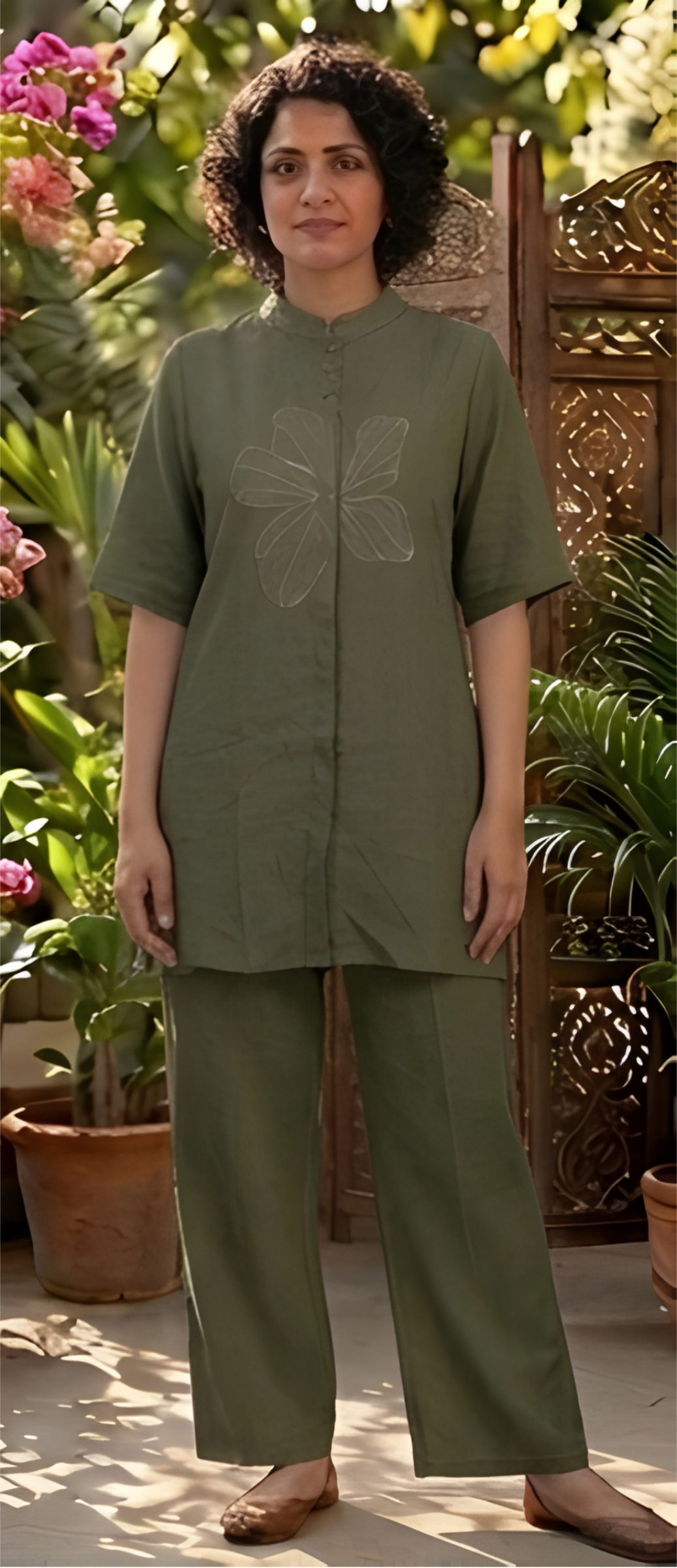 Floral Embroidered Imported Mandarin Collar Olive Tunic Co-Ord Set