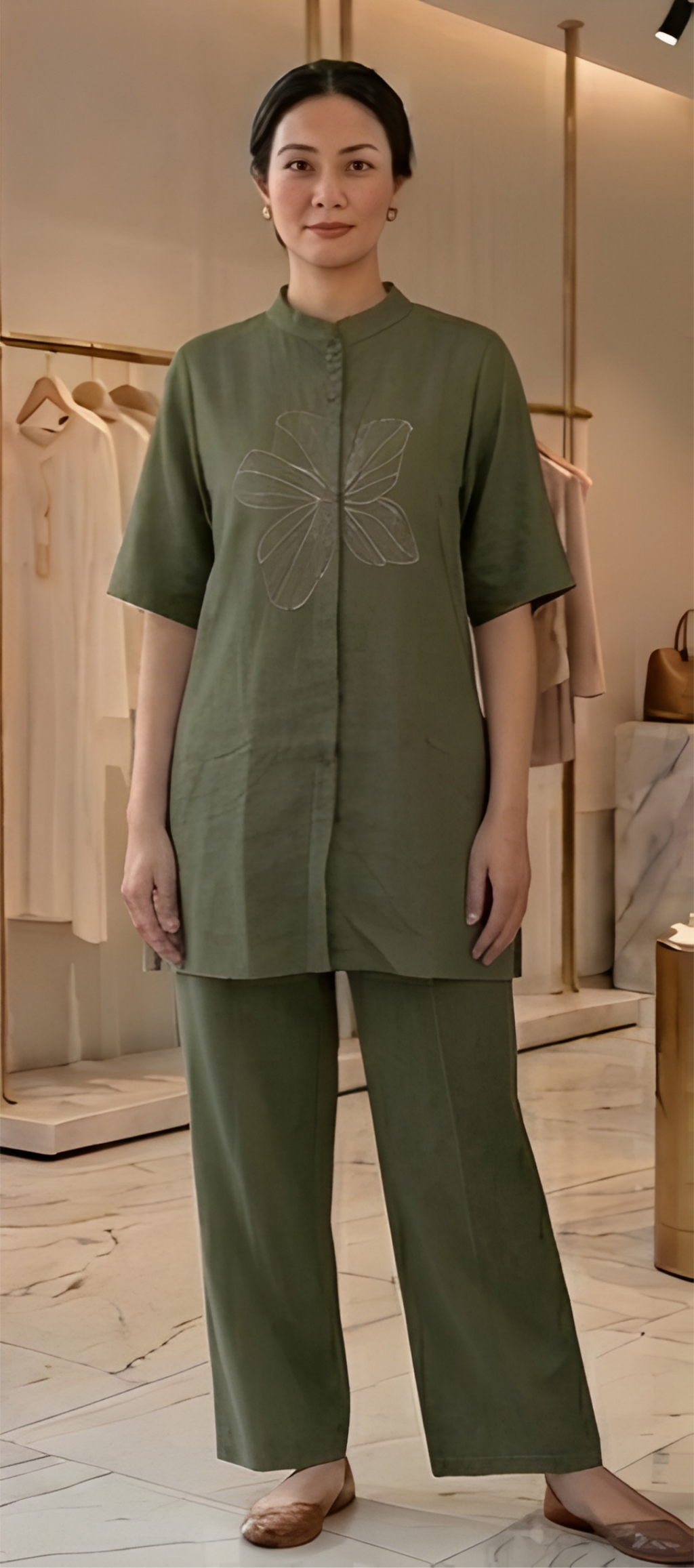 Floral Embroidered Imported Mandarin Collar Olive Tunic Co-Ord Set
