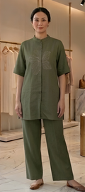 Floral Embroidered Imported Mandarin Collar Olive Tunic Co-Ord Set