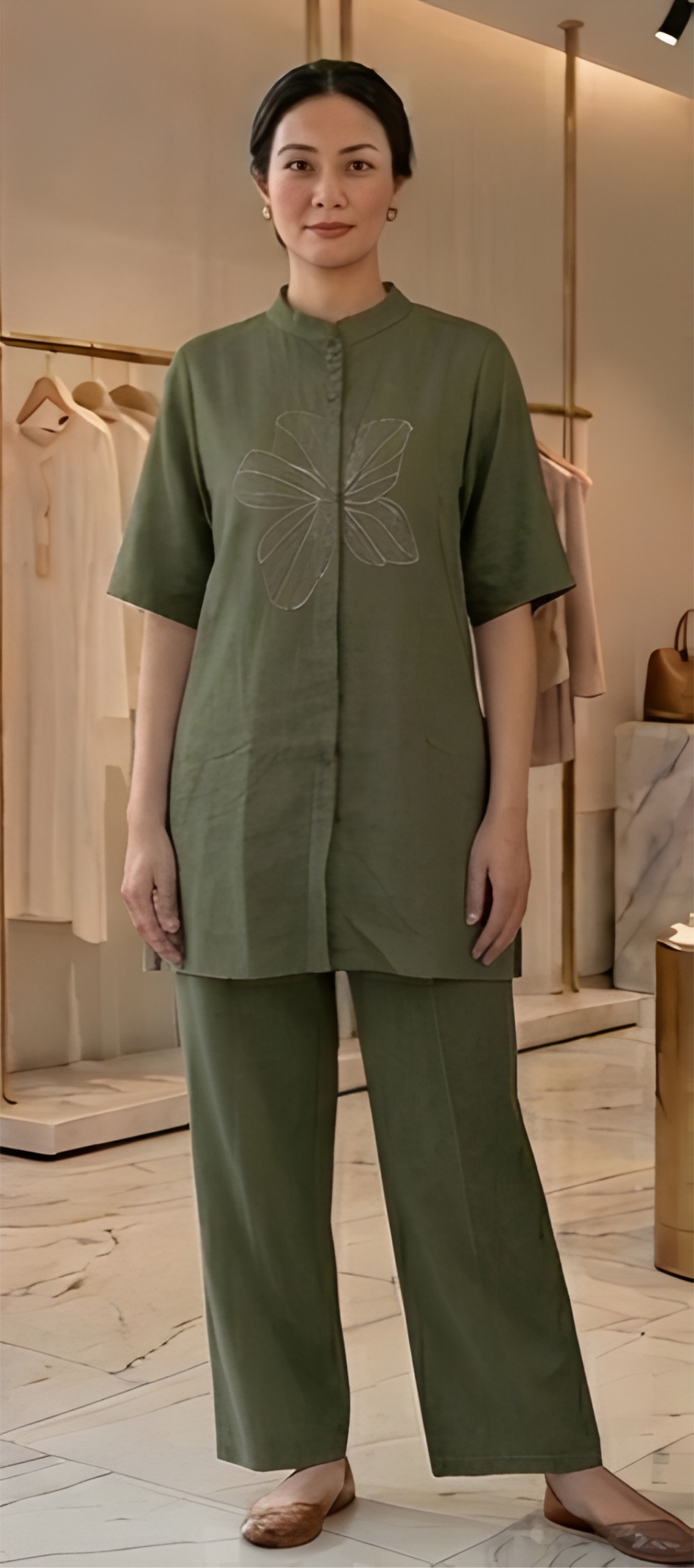 Floral Embroidered Imported Mandarin Collar Olive Tunic Co-Ord Set