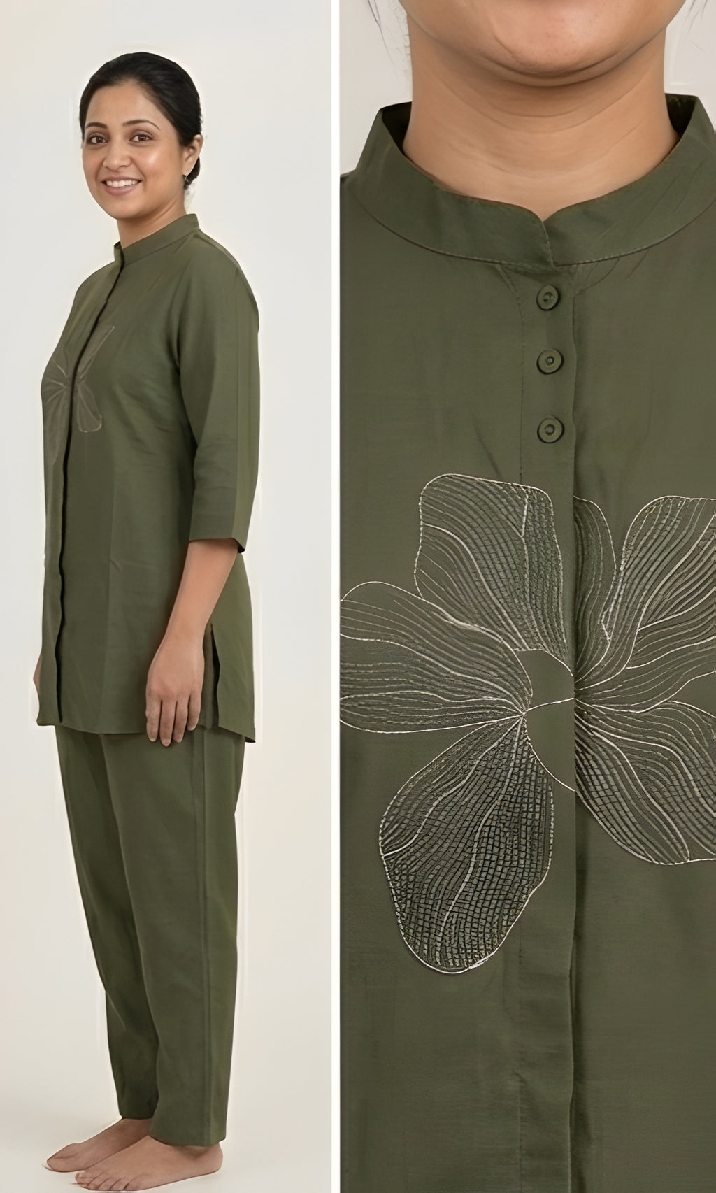 Floral Embroidered Imported Mandarin Collar Olive Tunic Co-Ord Set