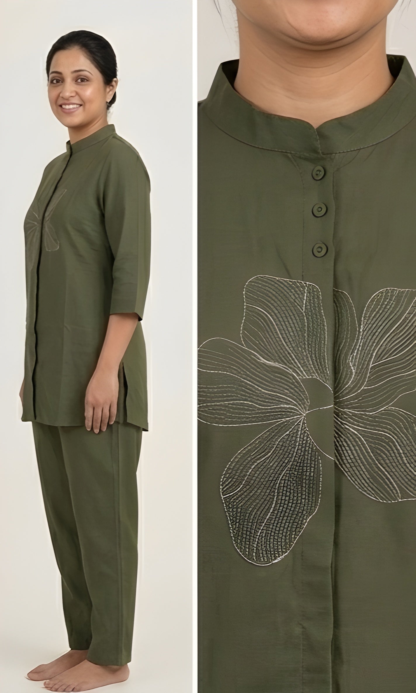 Floral Embroidered Imported Mandarin Collar Olive Tunic Co-Ord Set