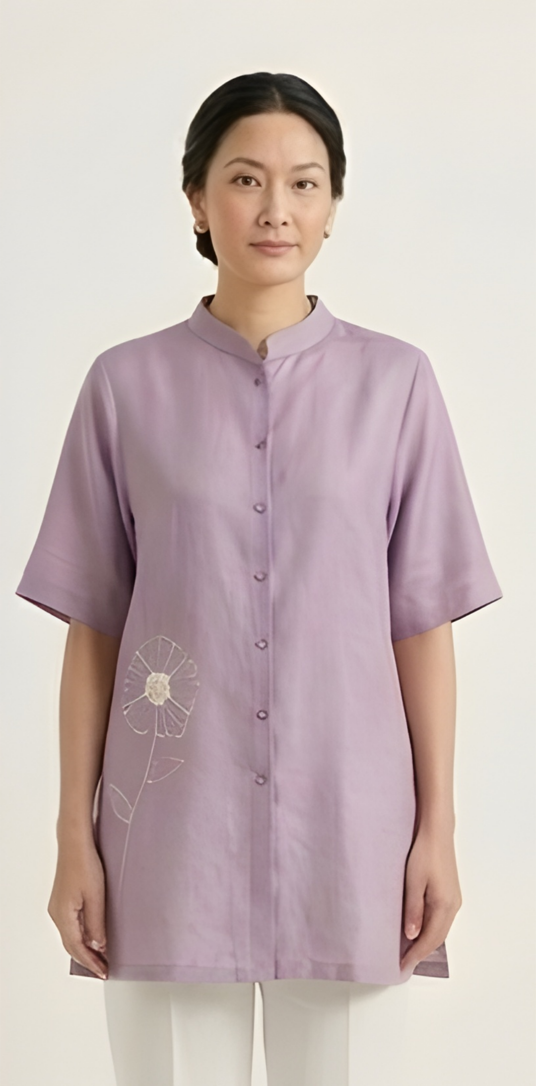 Floral Embroidered Mandarin Collar Imported Lavender Tunic Shirt