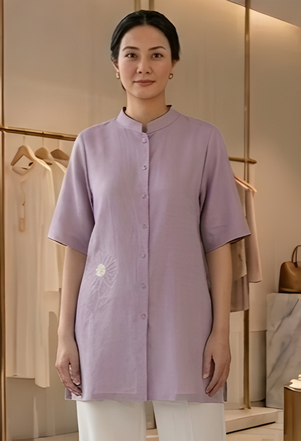 Floral Embroidered Mandarin Collar Imported Lavender Tunic Shirt