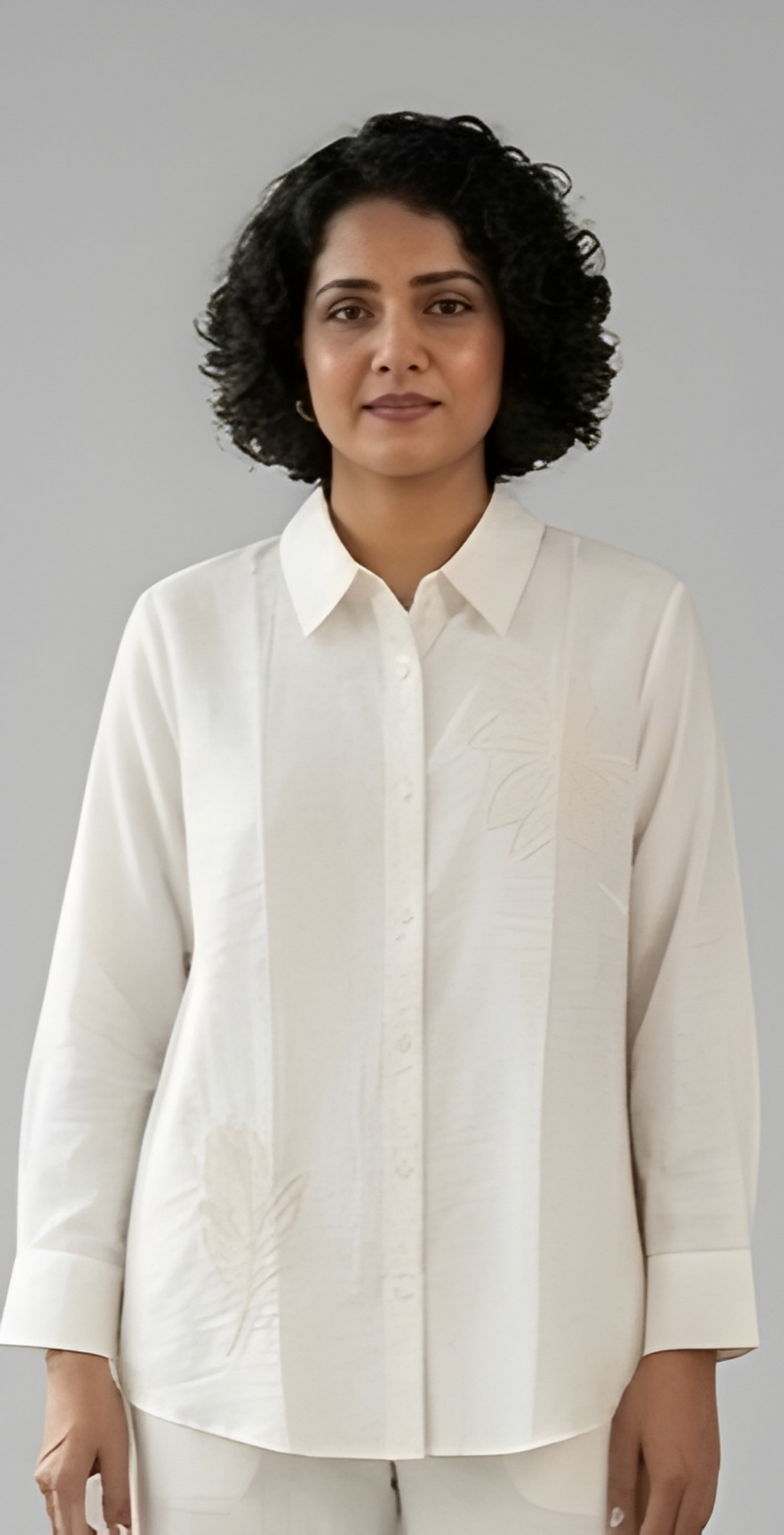 Tonal Leaf-Appliqué Textured Imported Tunic Shirt