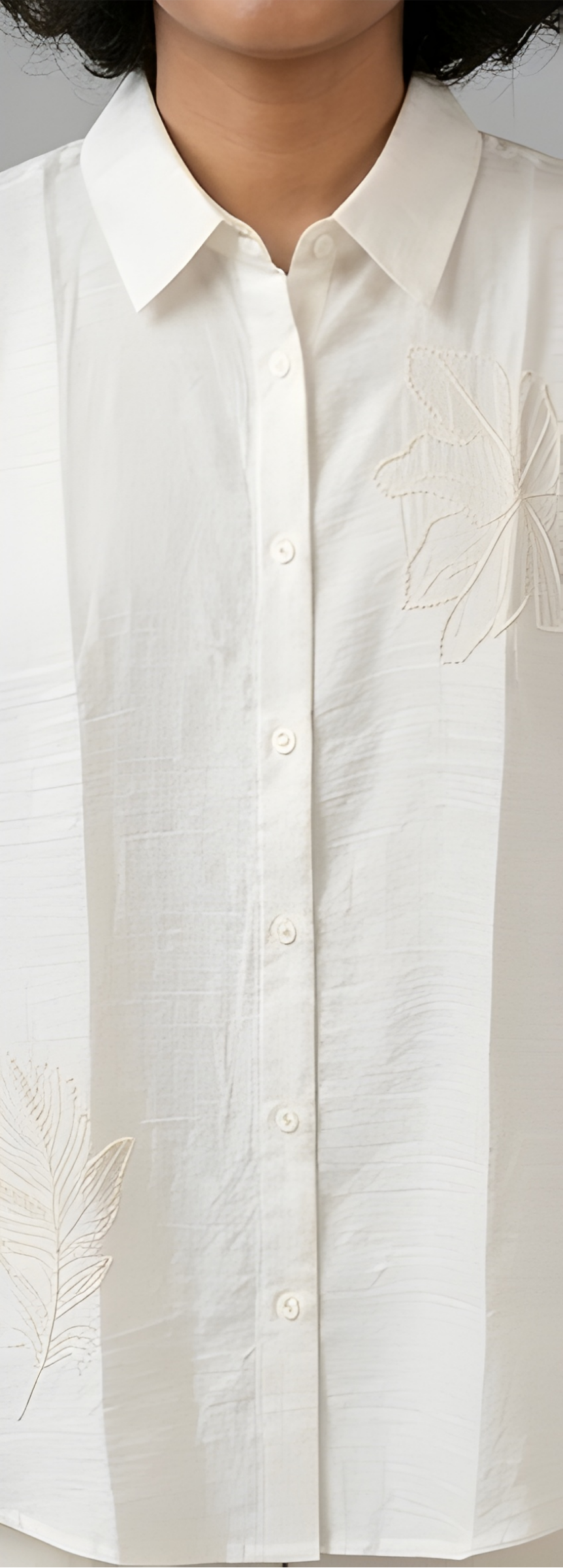 Tonal Leaf-Appliqué Textured Imported Tunic Shirt
