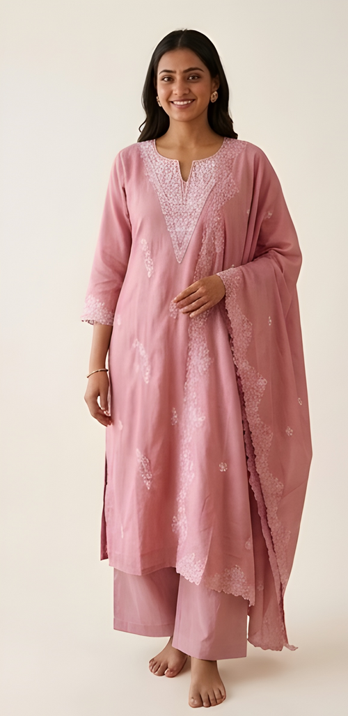 Chikankari-Style Embroidered Rose Pink Mul Chanderi Three-Piece Suit