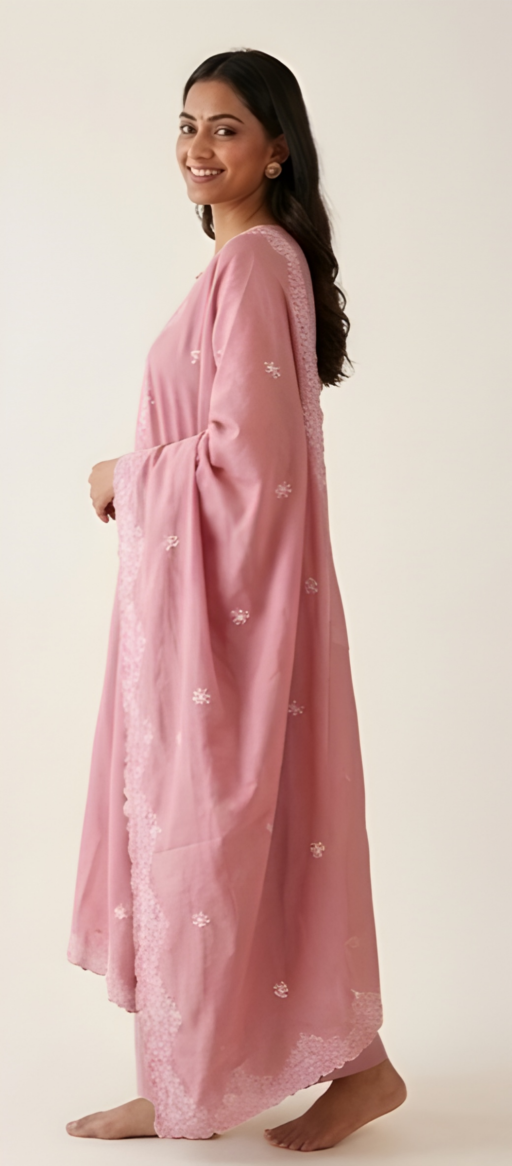 Chikankari-Style Embroidered Rose Pink Mul Chanderi Three-Piece Suit
