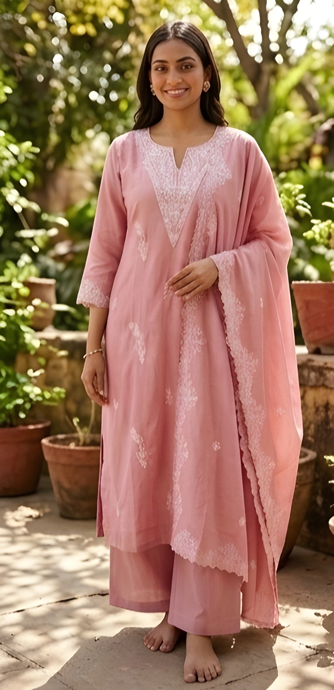 Chikankari-Style Embroidered Rose Pink Mul Chanderi Three-Piece Suit