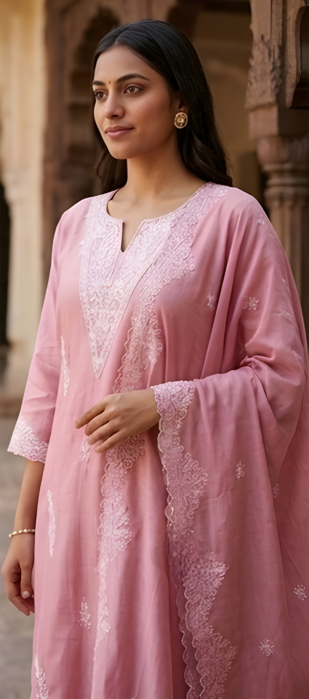 Chikankari-Style Embroidered Rose Pink Mul Chanderi Three-Piece Suit