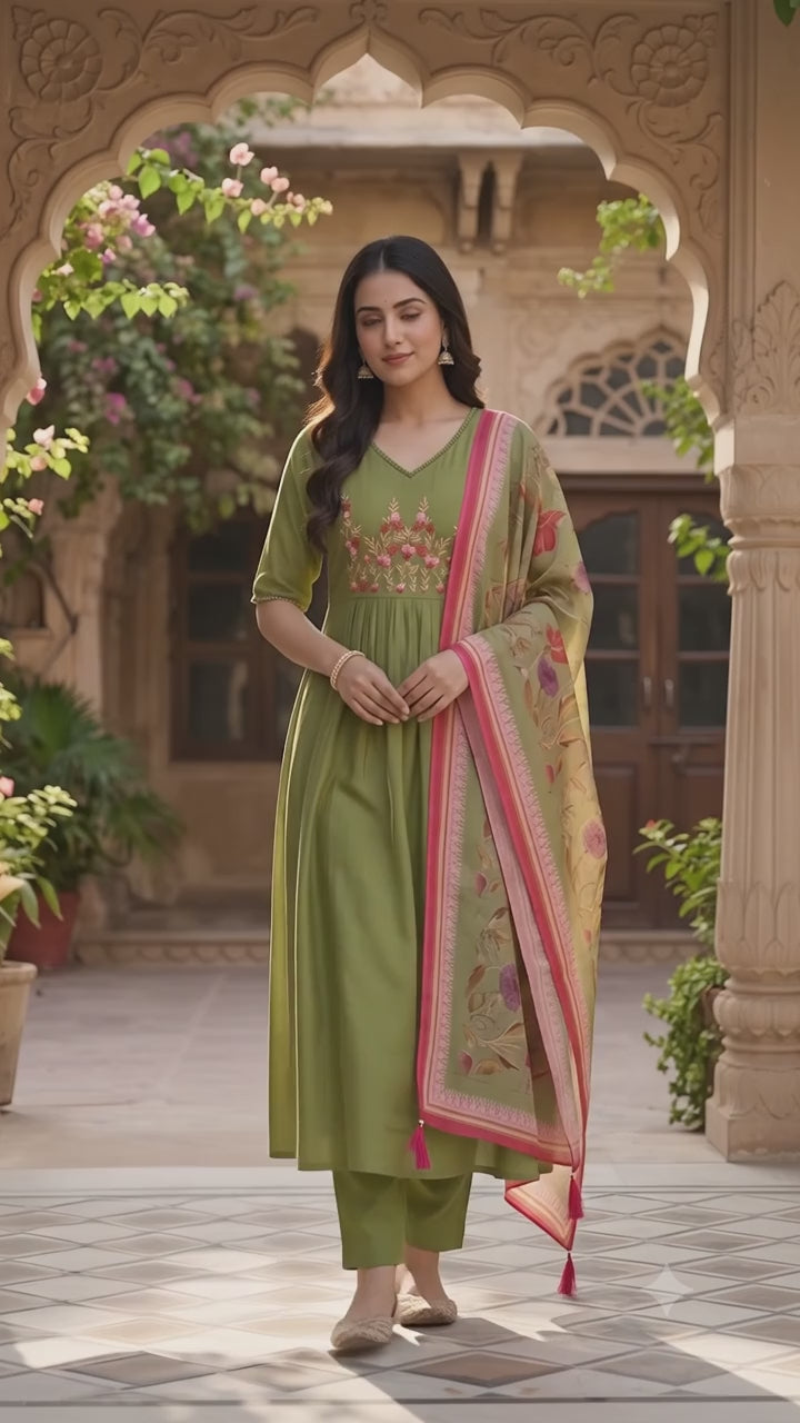Mul Chanderi kurta set (Olive Green color)